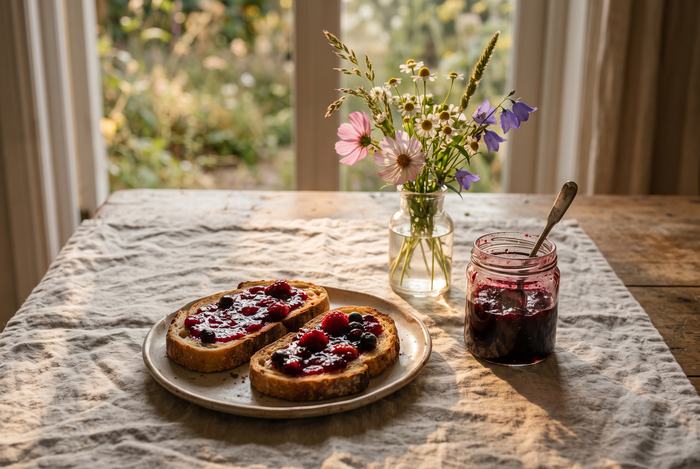 Jam on warm toast beside wildflowers