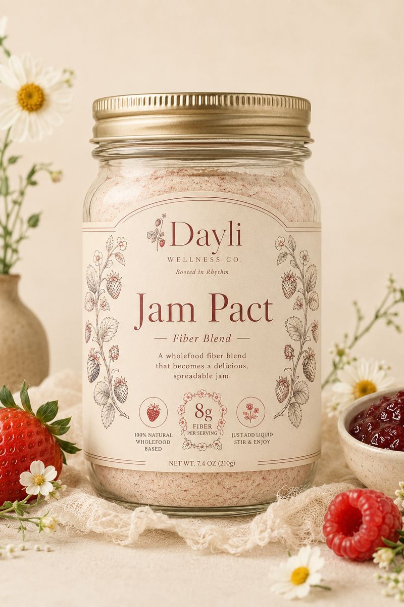 Jam Pact — wholefood fiber blend in a glass preserve jar with gold lid