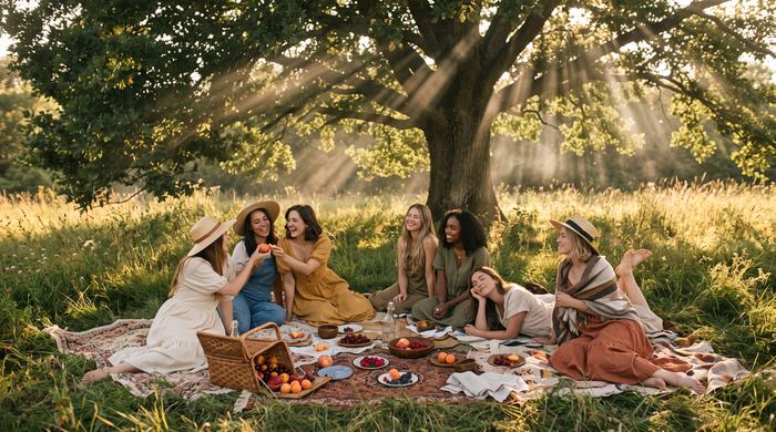 Friends at a long picnic under the oak