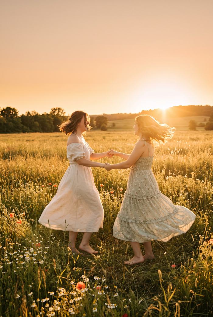 Best friends twirling in the meadow at golden hour