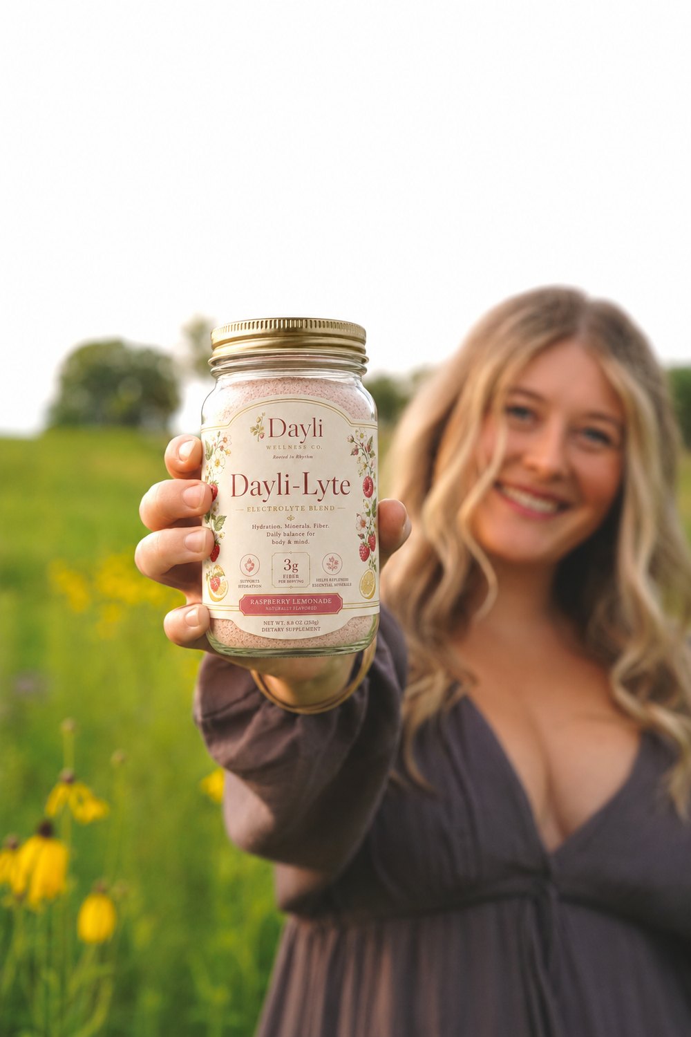 Amy in the meadow, holding up a jar of Dayli-Lyte