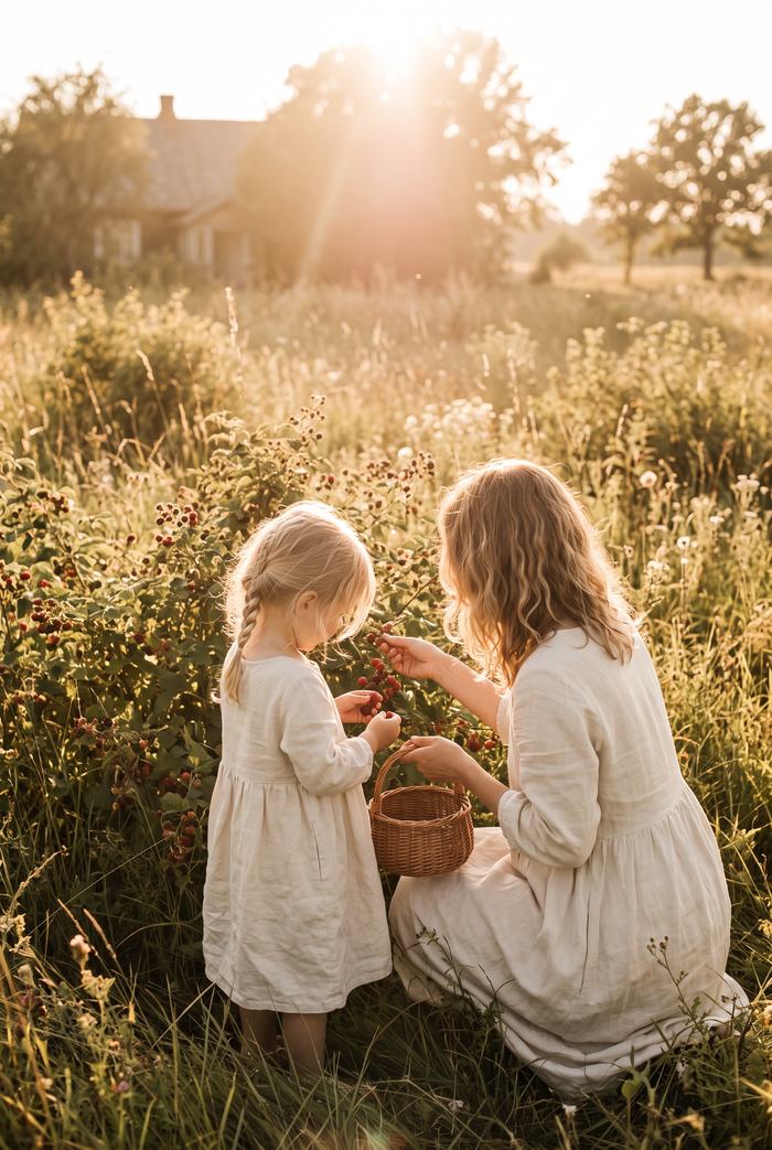 Mother and daughter sharing berries